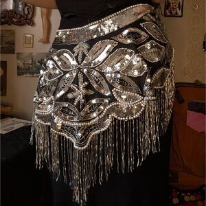 Sequin Beaded Fringe Shoulder Shawl Wrap Waist Belt Black Silver 1920s Flapper